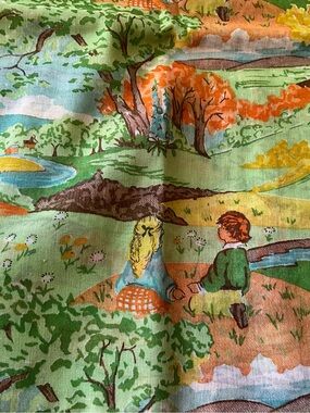 Vintage Fabric 1974 Sheer Scarf Curtain Country Scene Green Orange 2  1/2 Yd 44W